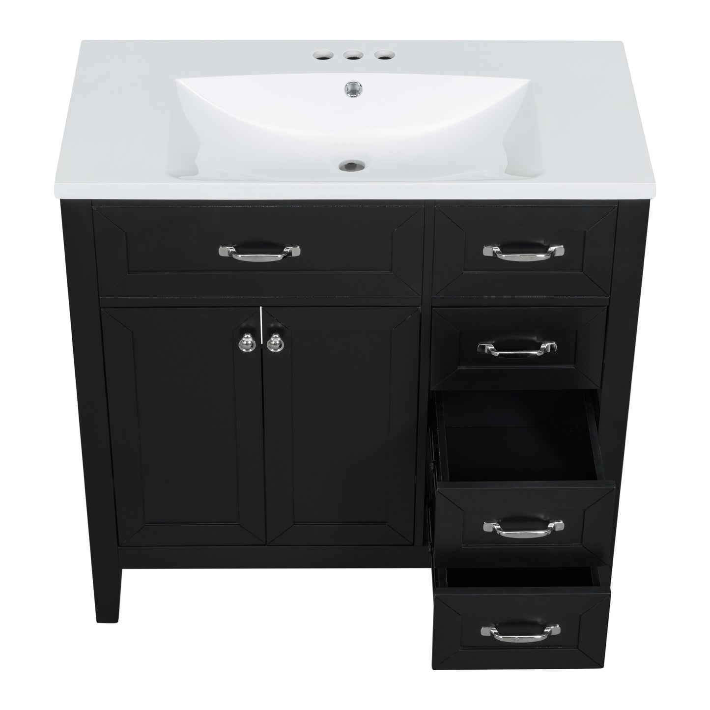 Stylish 36-Inch Black Bathroom Vanity with Integrated Sink, Durable MDF and Solid Wood Construction, Convenient Storage Drawers