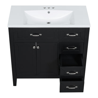 Stylish 36-Inch Black Bathroom Vanity with Integrated Sink, Durable MDF and Solid Wood Construction, Convenient Storage Drawers