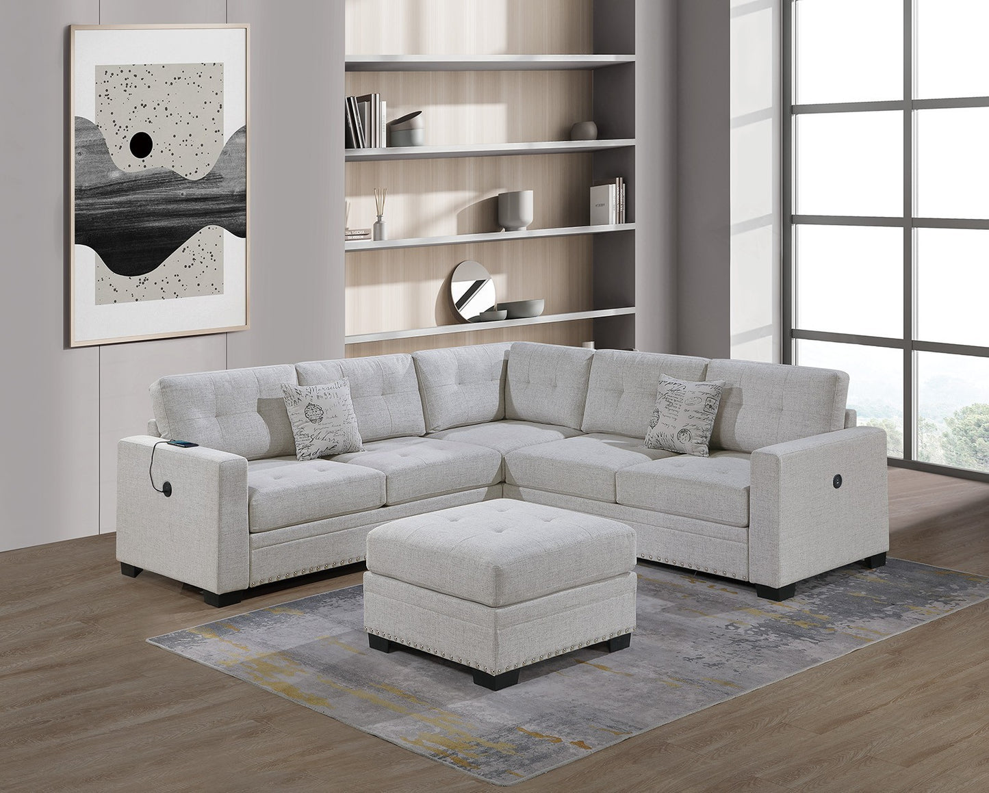 4-Piece L-Shaped Fabric Sectional Set with USB Loveseat, Ottoman, Wedge, Tufted Back - Bone