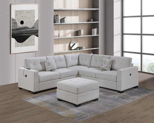 4-Piece L-Shaped Fabric Sectional Set with USB Loveseat, Ottoman, Wedge, Tufted Back - Bone