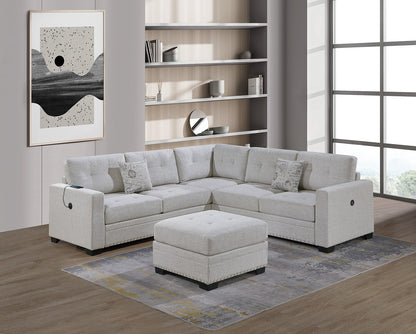 4-Piece L-Shaped Sectional Sofa Set with USB Loveseat, Wedge & Ottoman, Burlap Upholstery Bone