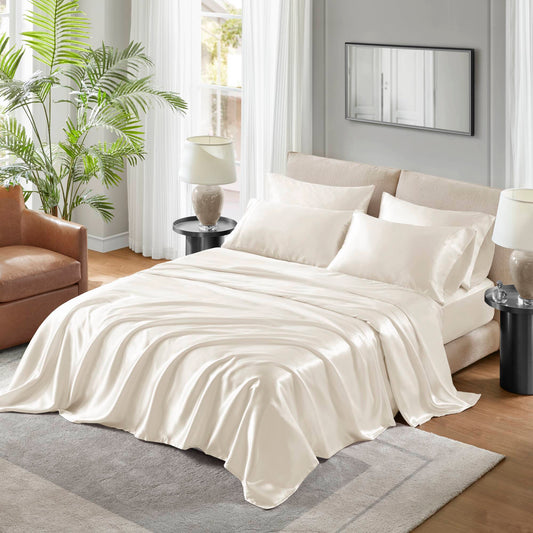 4-Piece Twin Satin Sheet Set, 100% Polyester, Deep Pocket Fitted, 66x96 Flat, 2 Pillowcases, Ivory