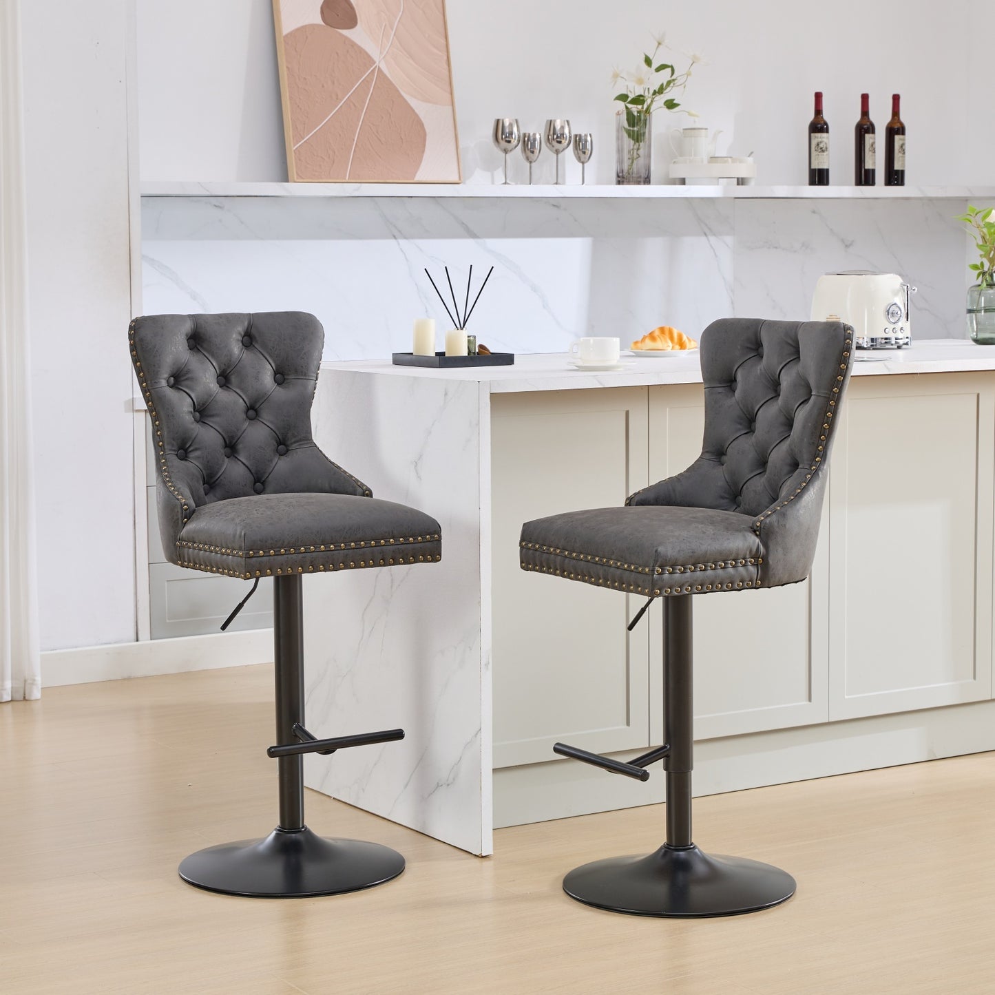 Tufted Back Swivel Bar Stools, PU Upholstery, Set of 2, Counter Height, for Home Bar, Aged Finish