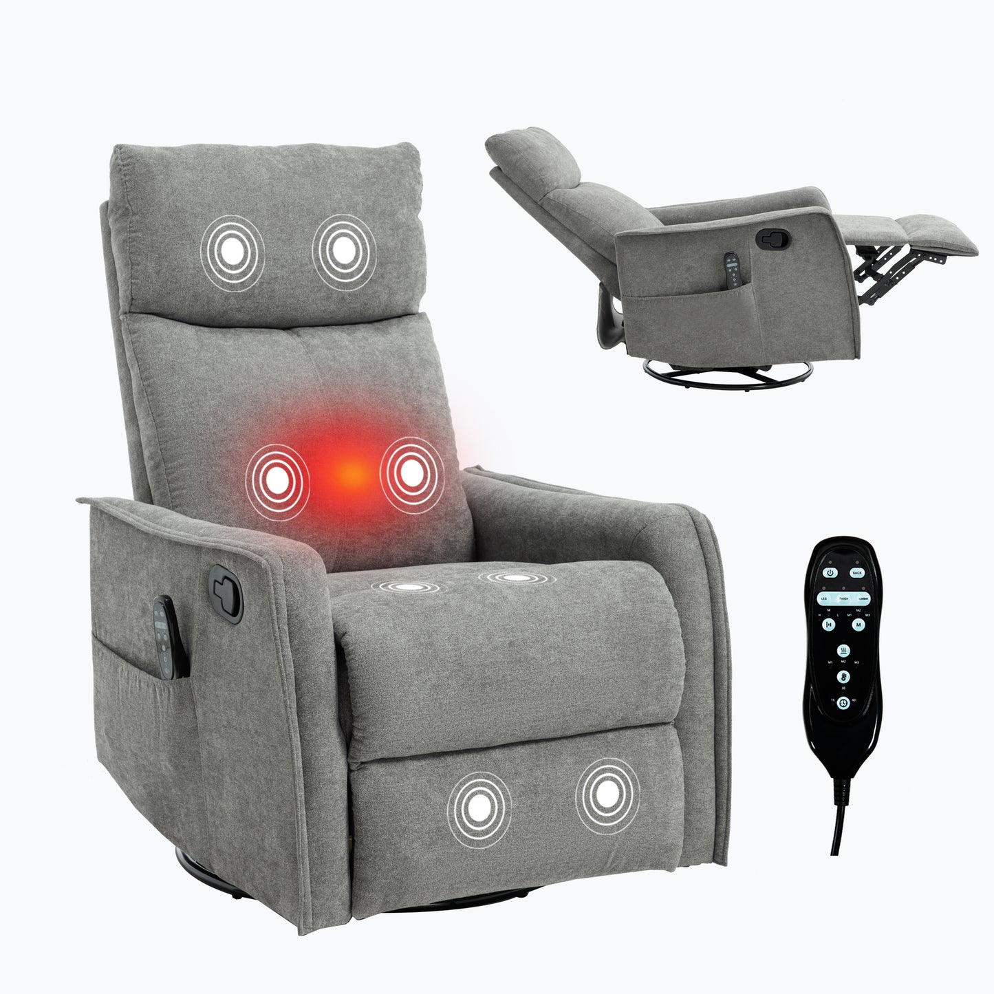 Manual Massage Recliner with 360° Swivel, 8-Node Back & Lumbar Massage, 155° Recline, Fabric Grey