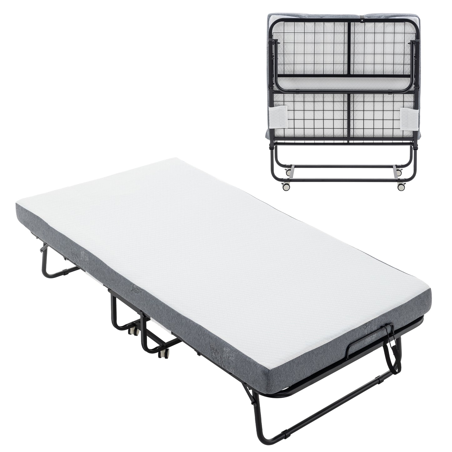 Folding Bed with Mattress, SPortable Foldable Bed with Storage Cover, SRollaway Bed for Adults with Memory Foam Mattress and Metal Frame, SCot Size Guest Bed on Wheels, Twin Bed