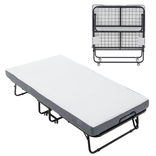 Folding Bed with Mattress, SPortable Foldable Bed with Storage Cover, SRollaway Bed for Adults with Memory Foam Mattress and Metal Frame, SCot Size Guest Bed on Wheels, Twin Bed