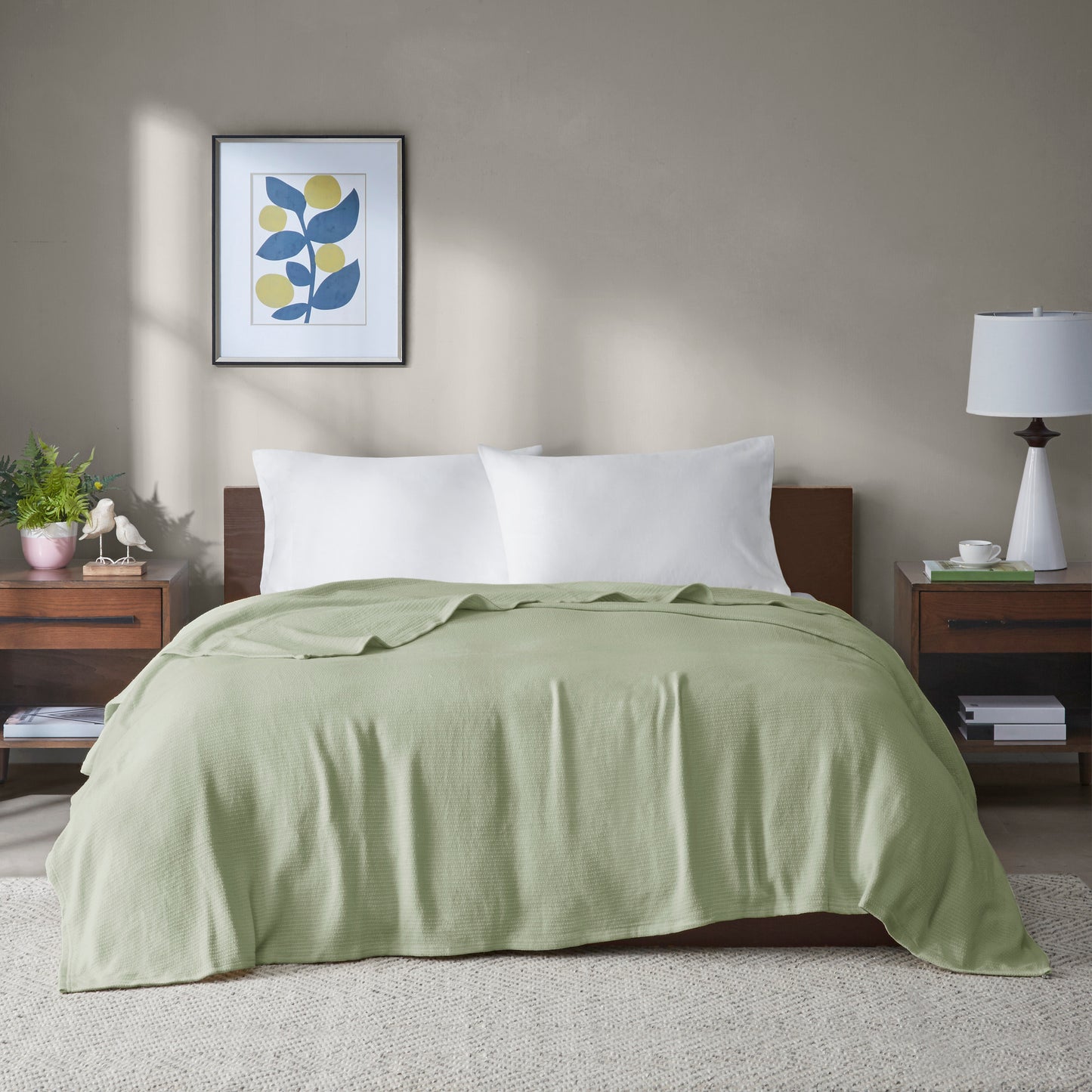 Full/Queen Cotton Blanket, 90x90 in, 260gsm, Basketweave, Lightweight, Oeko-Tex, Machine Washable, Green