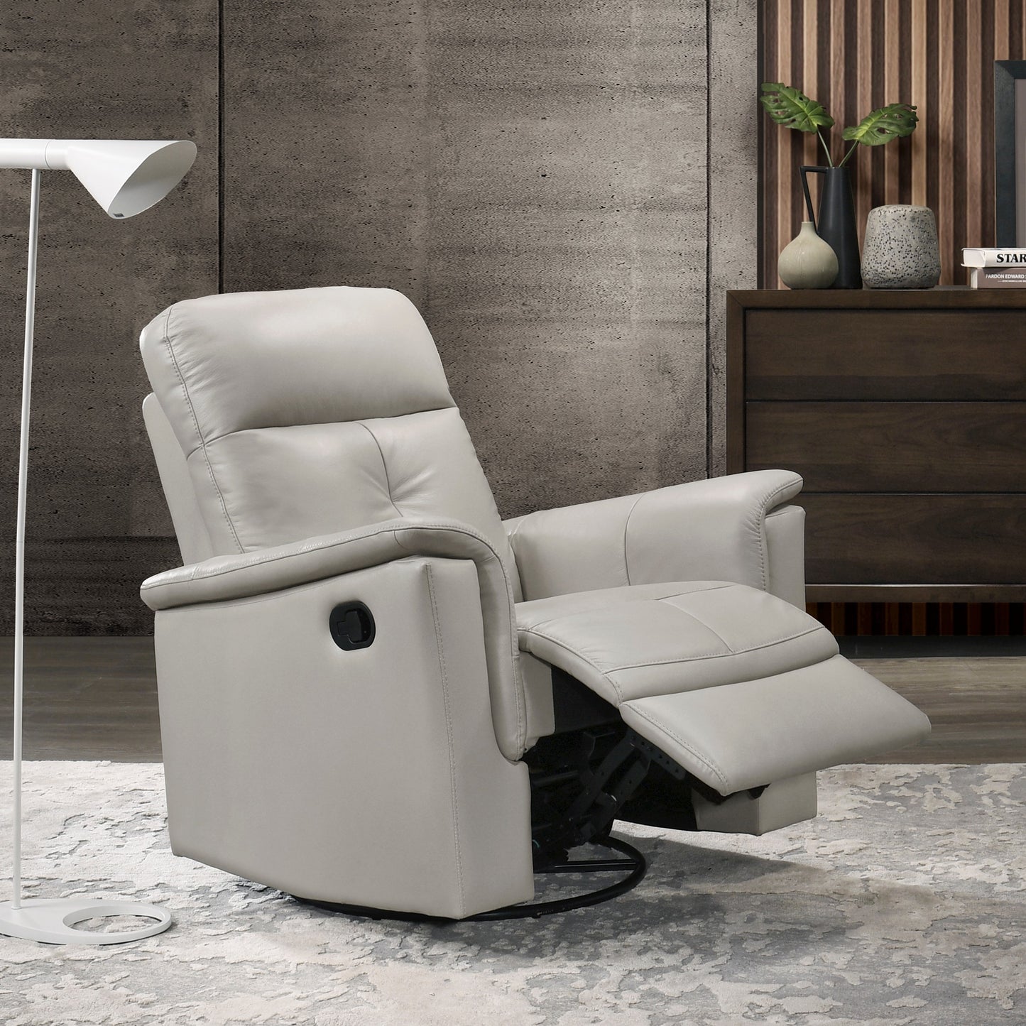 Leather Upholstered Swivel Glider Recliner Chair with Manual Pull-Tab Recline, 1-Piece Living Room Silver