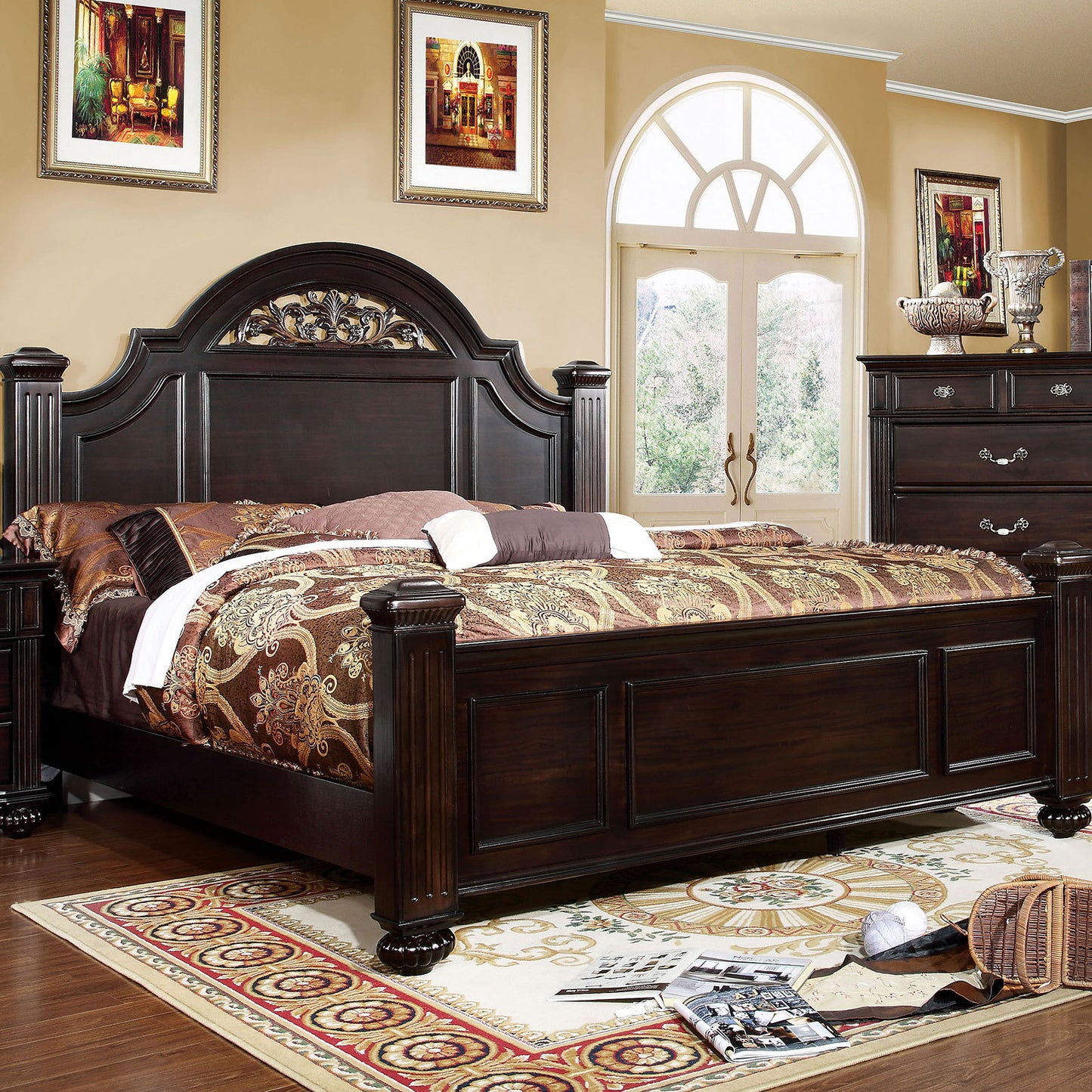 California King Size Bed 1pc Contemporary Solid Wood Panel Bed with Floral Headboard, Dark Walnut