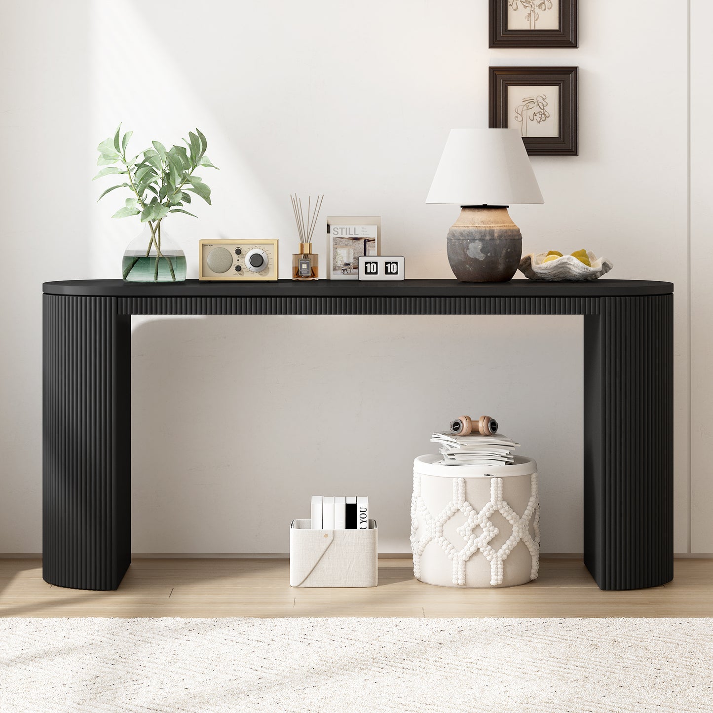 Curved Console Table with Vertical Stripe Legs, MDF, 59in L x 14.9in W x 31.8in H, Living/Study Black