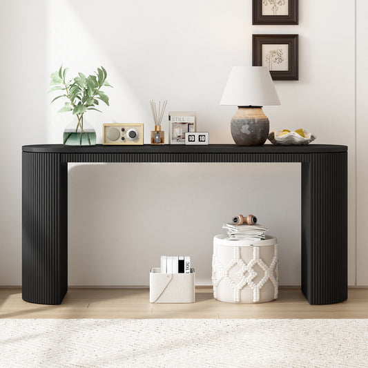 Curved Console Table with Vertical Stripe Legs, MDF, 59in L x 14.9in W x 31.8in H, Living/Study Black