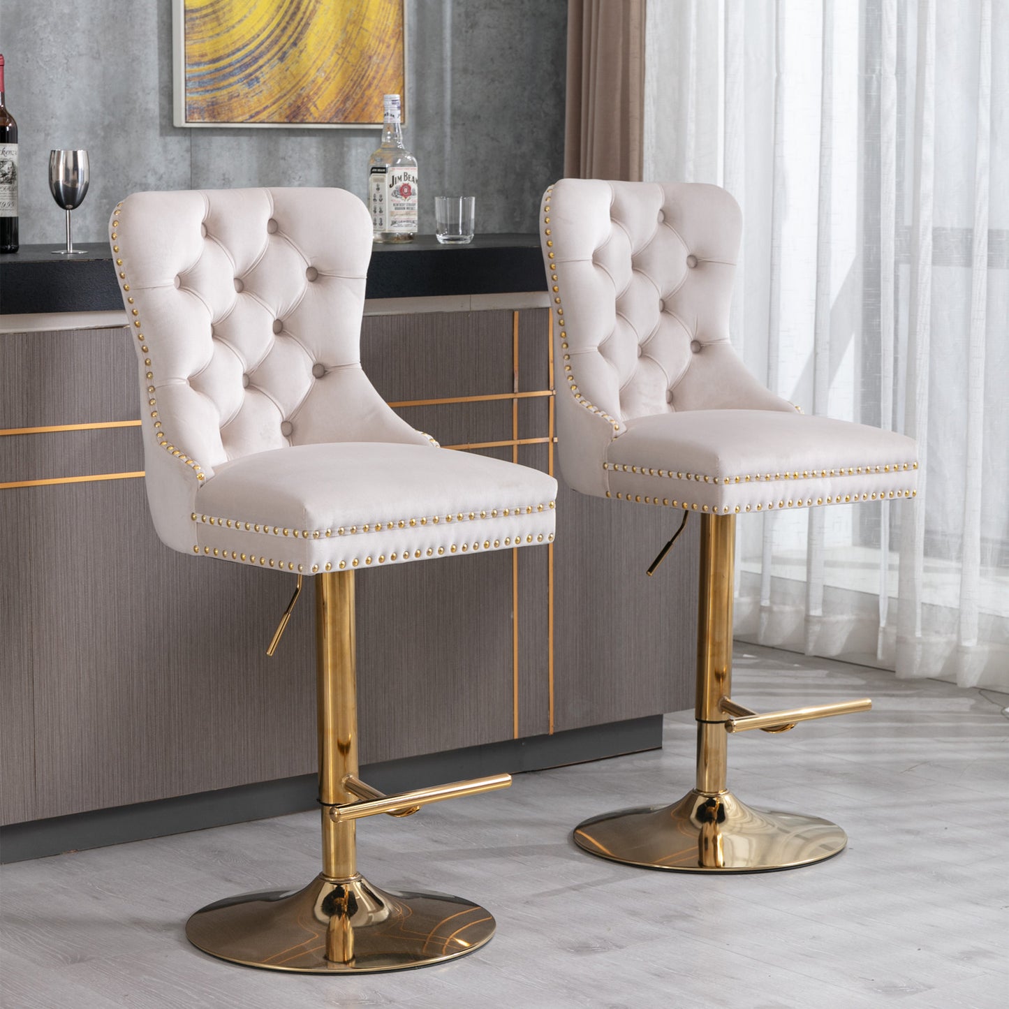 Beige Velvet Swivel Bar Stools Set Of 2 Adjustable