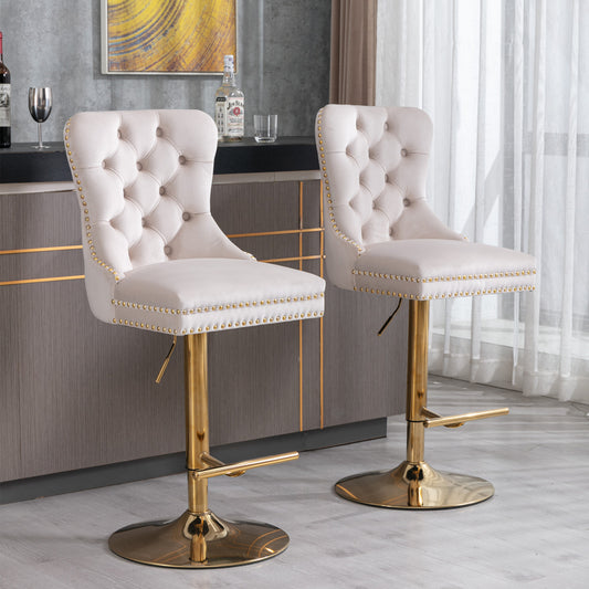 Beige Velvet Swivel Bar Stools Set Of 2 Adjustable