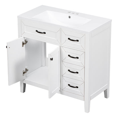 36-Inch White Freestanding Bathroom Vanity with Ceramic Sink and Storage Drawers