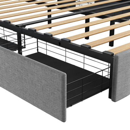 LED-Enhanced Queen Bed Frame with 4 Storage Drawers and Elegant Wings Headboard in Light Grey