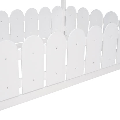 Twin Size Wooden House Bed Frame with Fence - Creative Sleep & Play Space for Kids, Teens, and Children - White Finish