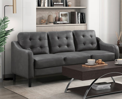 3-Seat Sofa with Solid Wood Frame, Microfiber Upholstery, Button Tufted, Contoured Arms, 77x32x34 in Gray
