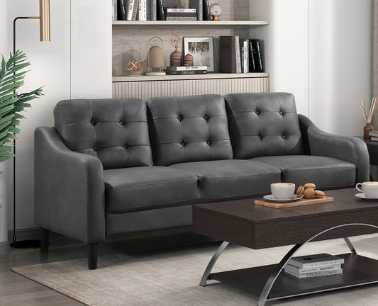 3-Seat Sofa with Solid Wood Frame, Microfiber Upholstery, Button Tufted, Contoured Arms, 77x32x34 in Gray