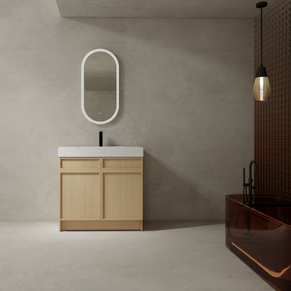 Modern 36" Freestanding Oak Bathroom Vanity with Soft-Close Doors & Integrated White Resin Sink