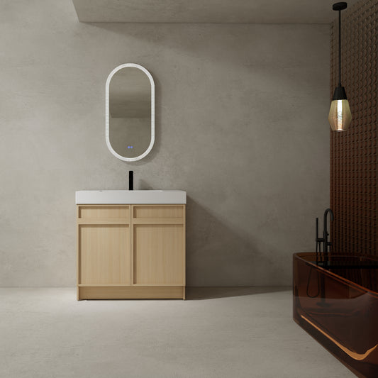 Modern 36" Freestanding Oak Bathroom Vanity with Soft-Close Doors & Integrated White Resin Sink