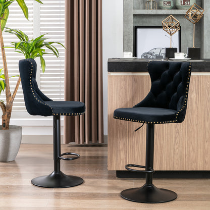 Velvet Swivel Bar Stools Set 2 Adjustable 25 33in Black
