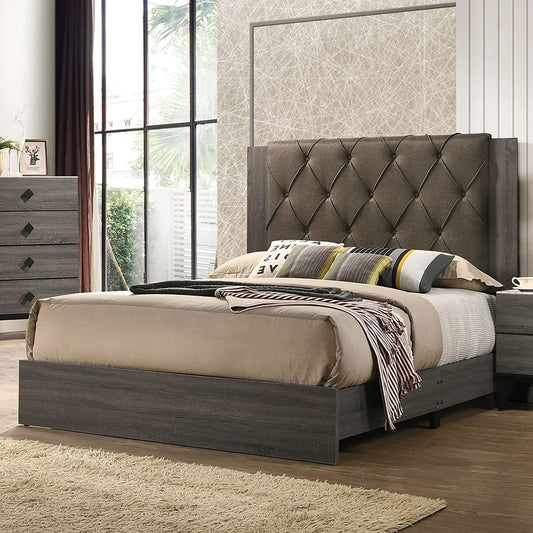 Modern Tufted Queen Bed Frame with Rubberwood Construction and Gray Finish