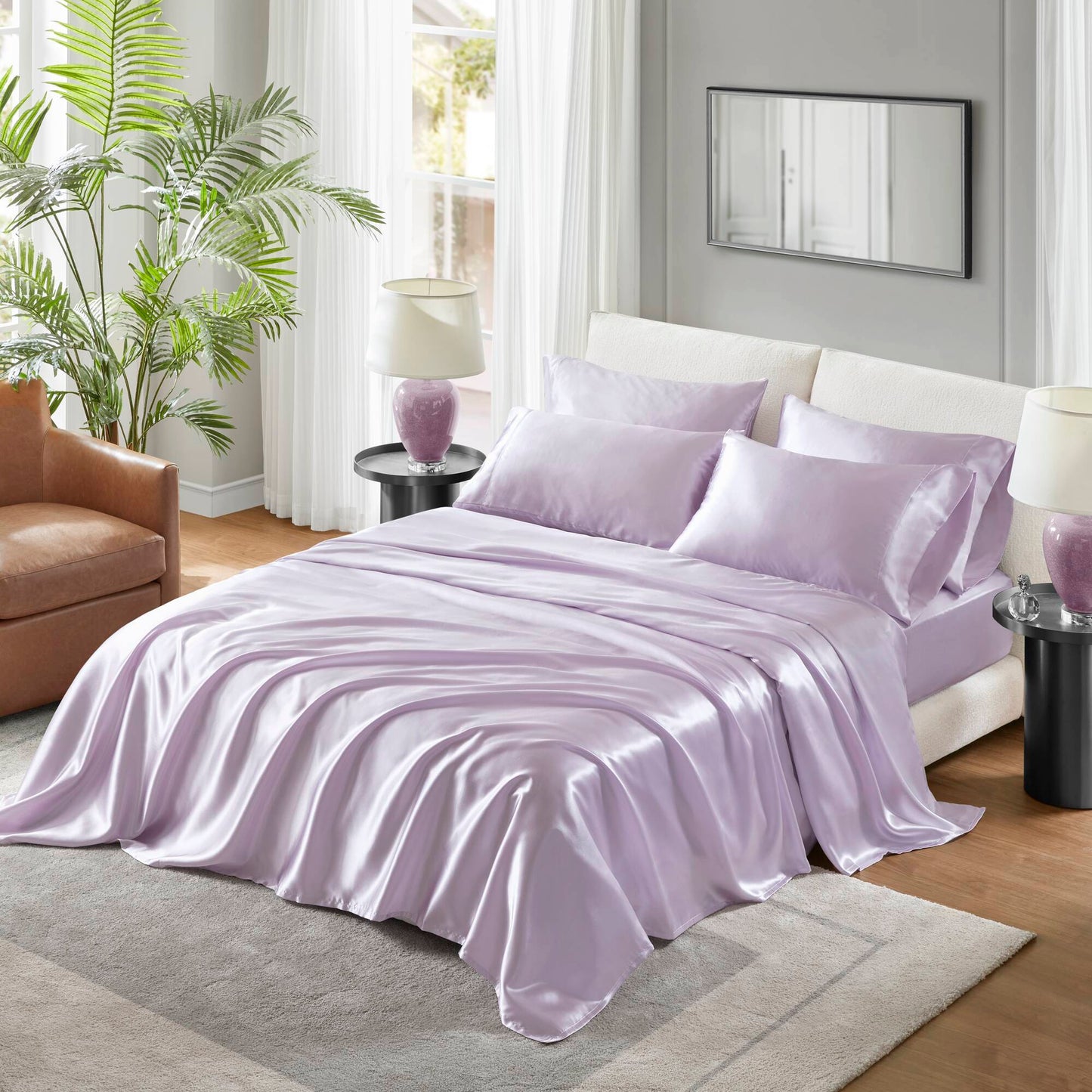 Cal King Satin Sheet Set, 100% Polyester, Flat & Fitted, 4 Pillowcases, Wrinkle-Free, Silky Sleep Lilac