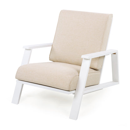 Outdoor Patio Lounge Chair With Foam Cushions, Acacia Wood Frame, 38 Inch Wide, 27.25 Inch Length, Beige And White