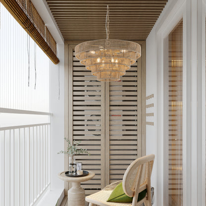 Bohemian Woven Pendant Light, 23.6-Inch, 8-Bulb E12 Dimmable Rattan Chandelier, Adjustable, Wood