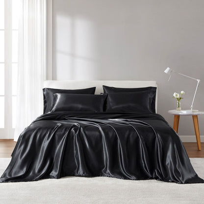 4-Piece Twin Satin Luxury Sheet Set - 100% Polyester Satin, Wrinkle-Resistant, Flat, Fitted 39x75, Black