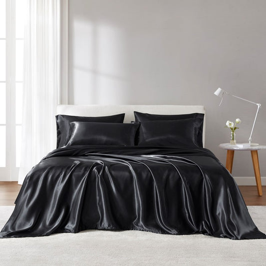 4-Piece Twin Satin Luxury Sheet Set - 100% Polyester Satin, Wrinkle-Resistant, Flat, Fitted 39x75, Black