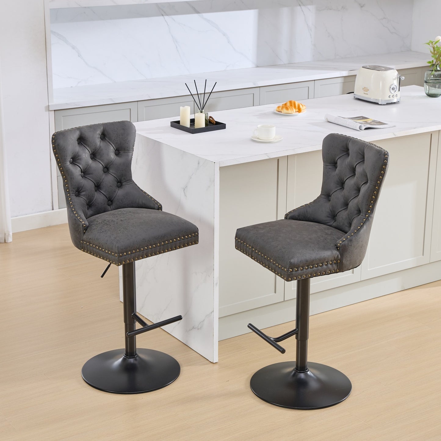 Tufted Back Swivel Bar Stools, PU Upholstery, Set of 2, Counter Height, for Home Bar, Aged Finish