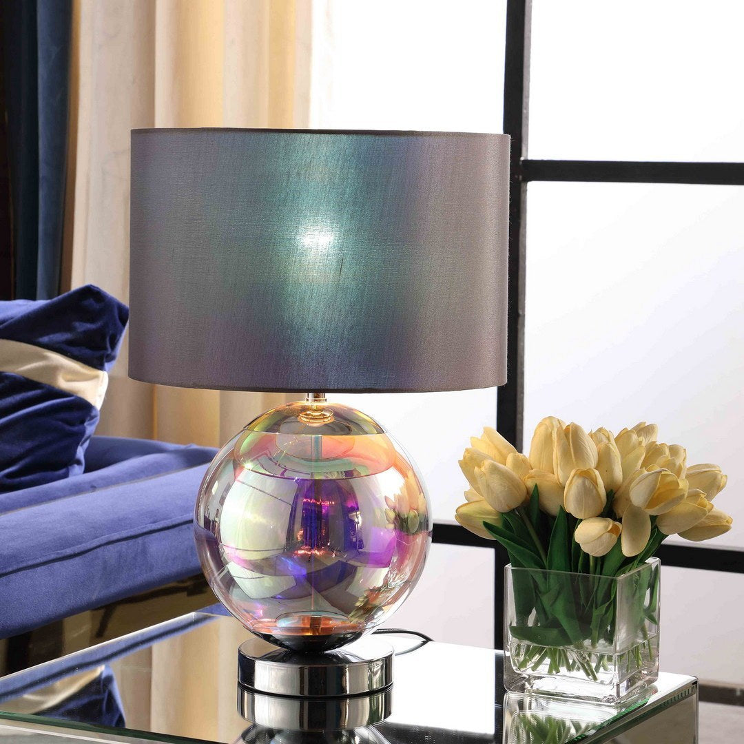 18.75-Inch Table Lamp with Iridescent Glass Orb, 60W E26, Inline Switch, UL Listed, Chrome Silver