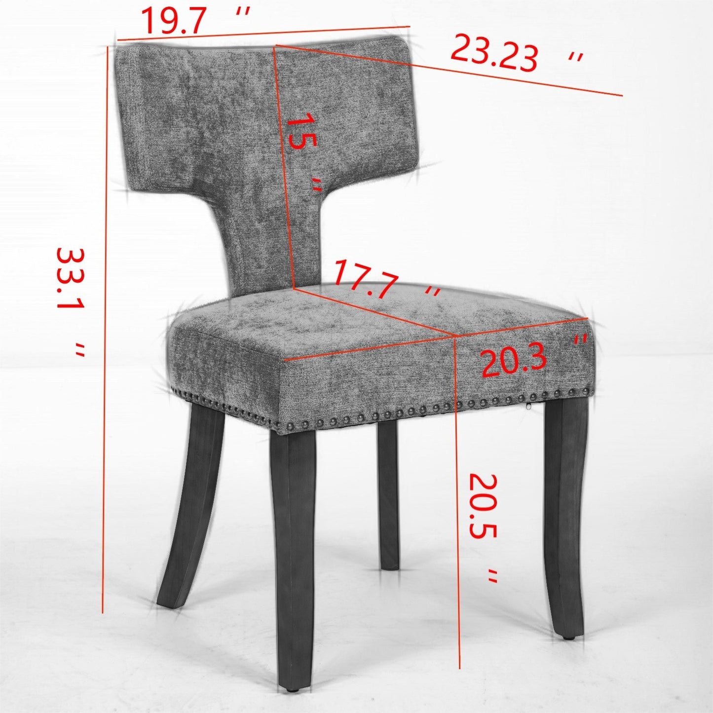 Set of 2 Mid Century Modern Dining Chairs, Linen Upholstery, Copper Nailhead Trim Solid Wood Frame Gray