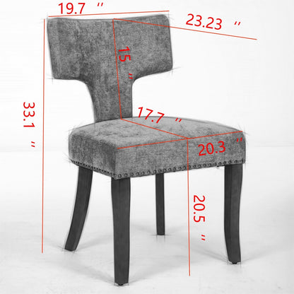 Set of 2 Mid Century Modern Dining Chairs, Linen Upholstery, Copper Nailhead Trim Solid Wood Frame Gray