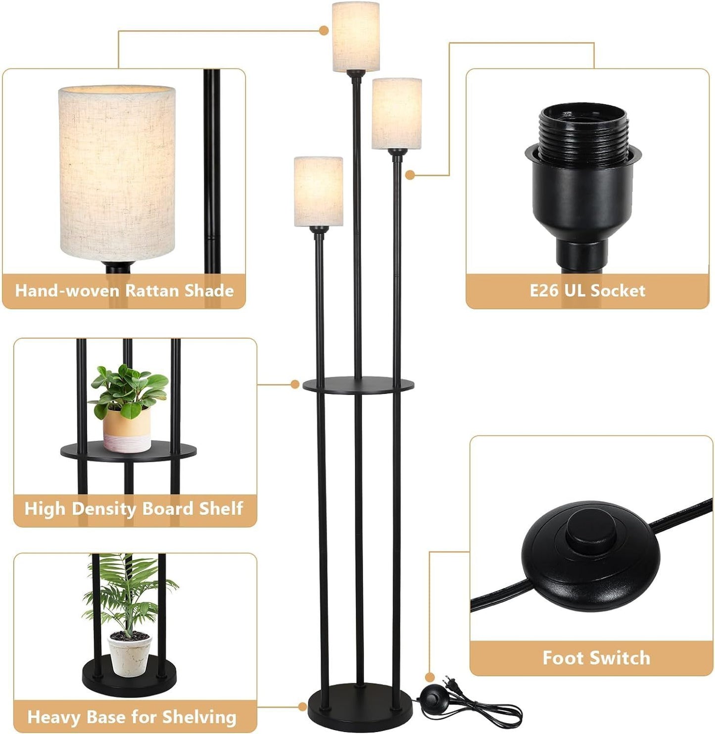 3-Light Floor Lamp with Shelves, Industrial Modern Floor Lamp, Linen Shade, Foot Pedal, 66in Black