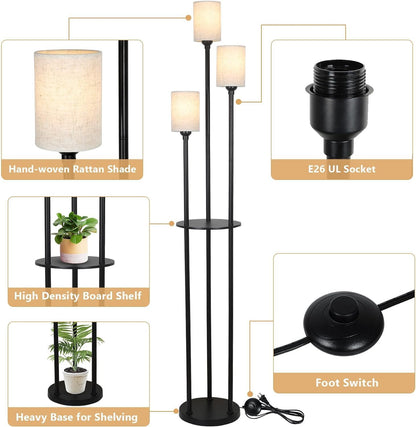 3-Light Floor Lamp with Shelves, Industrial Modern Floor Lamp, Linen Shade, Foot Pedal, 66in Black