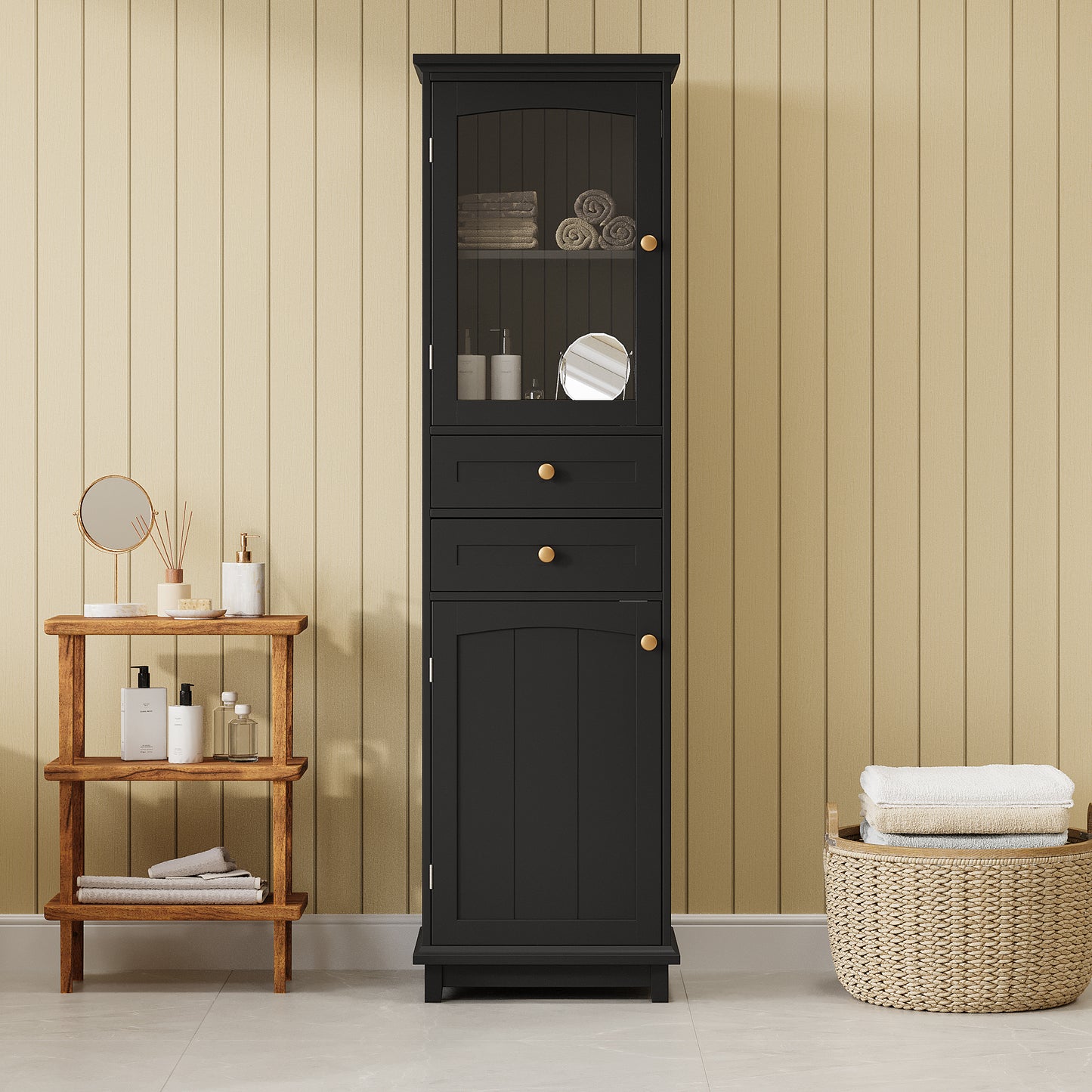 63" Tall Bathroom Storage Cabinet with Glass Doors, Free-Standing, Two Drawers, and Adjustable Shelves, MDF Board, Painted Black - Perfect for Displaying Your Favorite Items