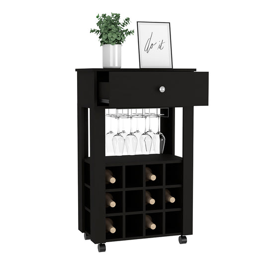 Modern Black Wengue Bar Cart With Twelve Wine Cubbies