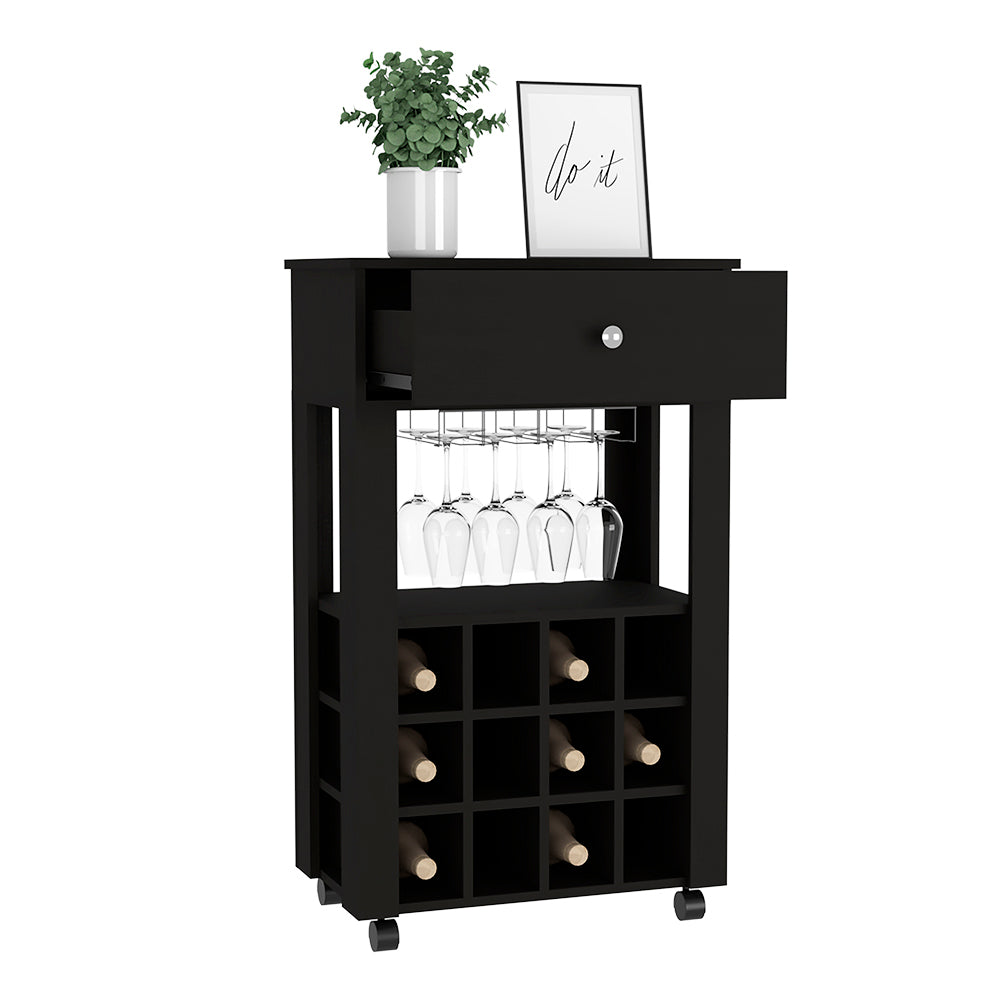 Modern Black Wengue Bar Cart With Twelve Wine Cubbies