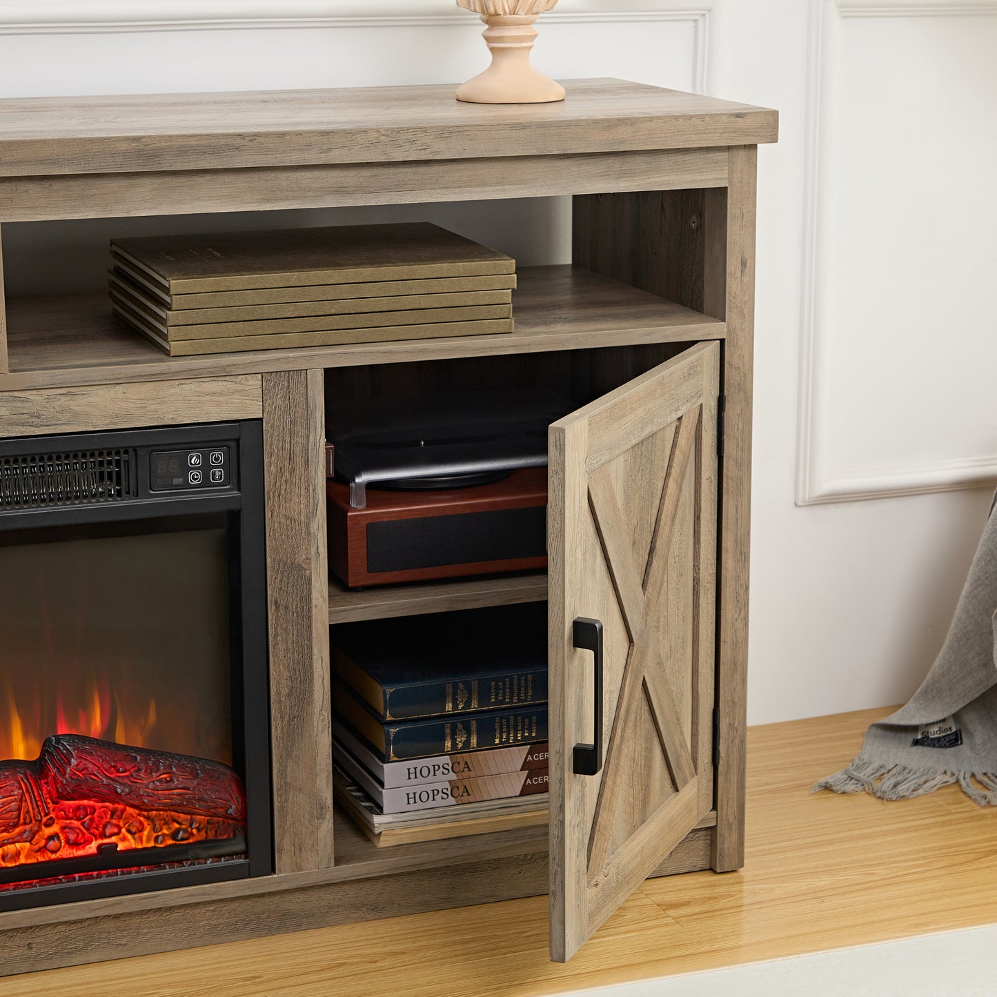 Farmhouse TV Console with Electric Fireplace for 65-Inch TV, Barn Doors, Cable Management, Gray Wash