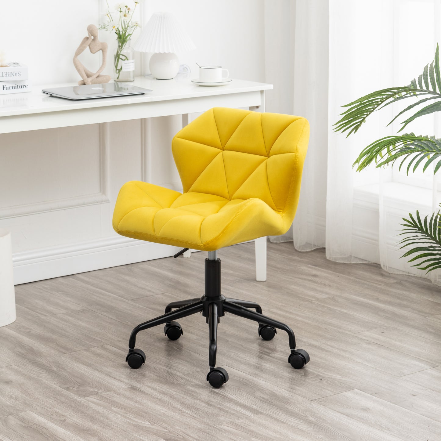 Yellow Velvet Adjustable Swivel Office Chair with Diamond Tufting