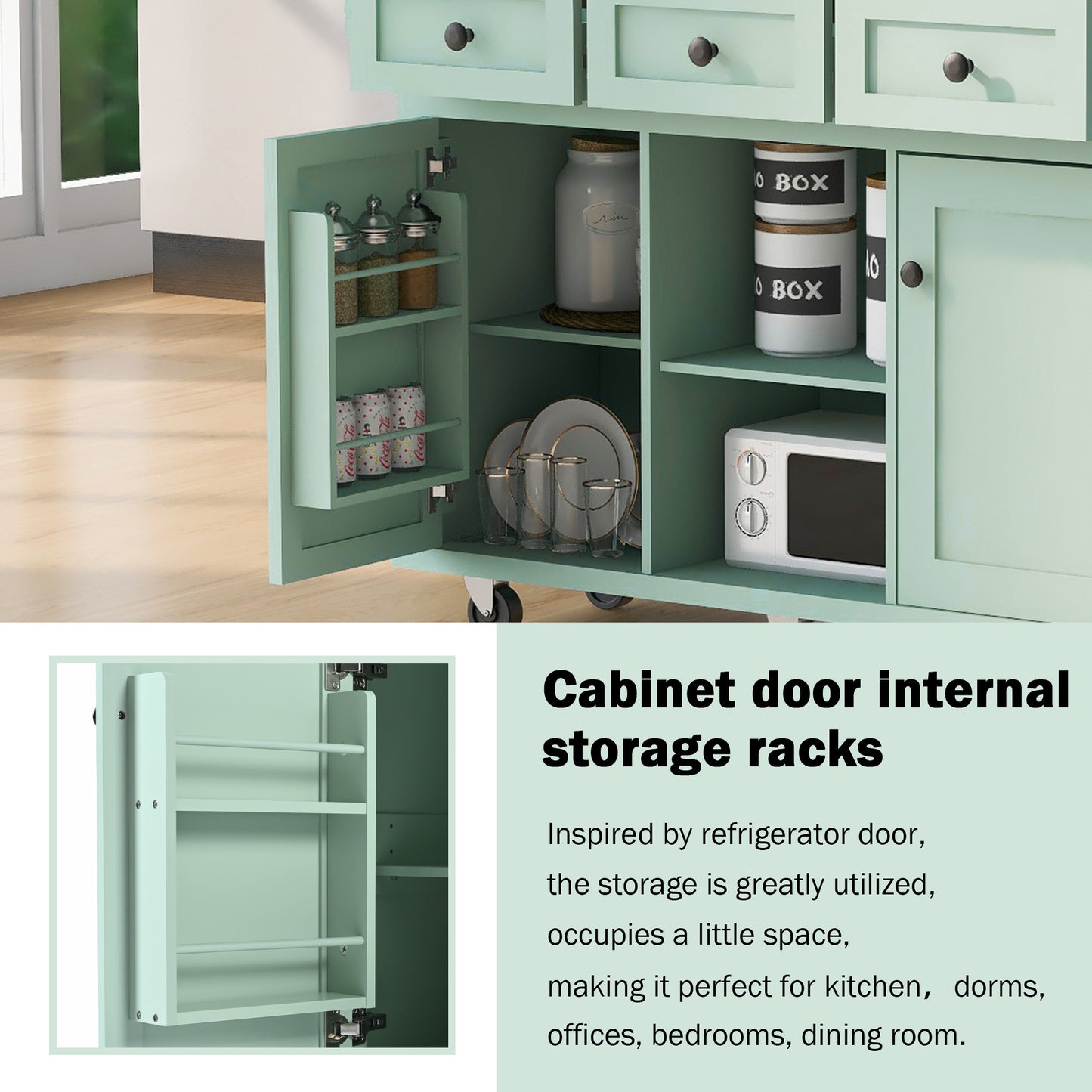 Mint Green Kitchen Island Cart with Drop-Leaf Rubberwood Top, Storage Cabinet, and 3 Drawers on Wheels