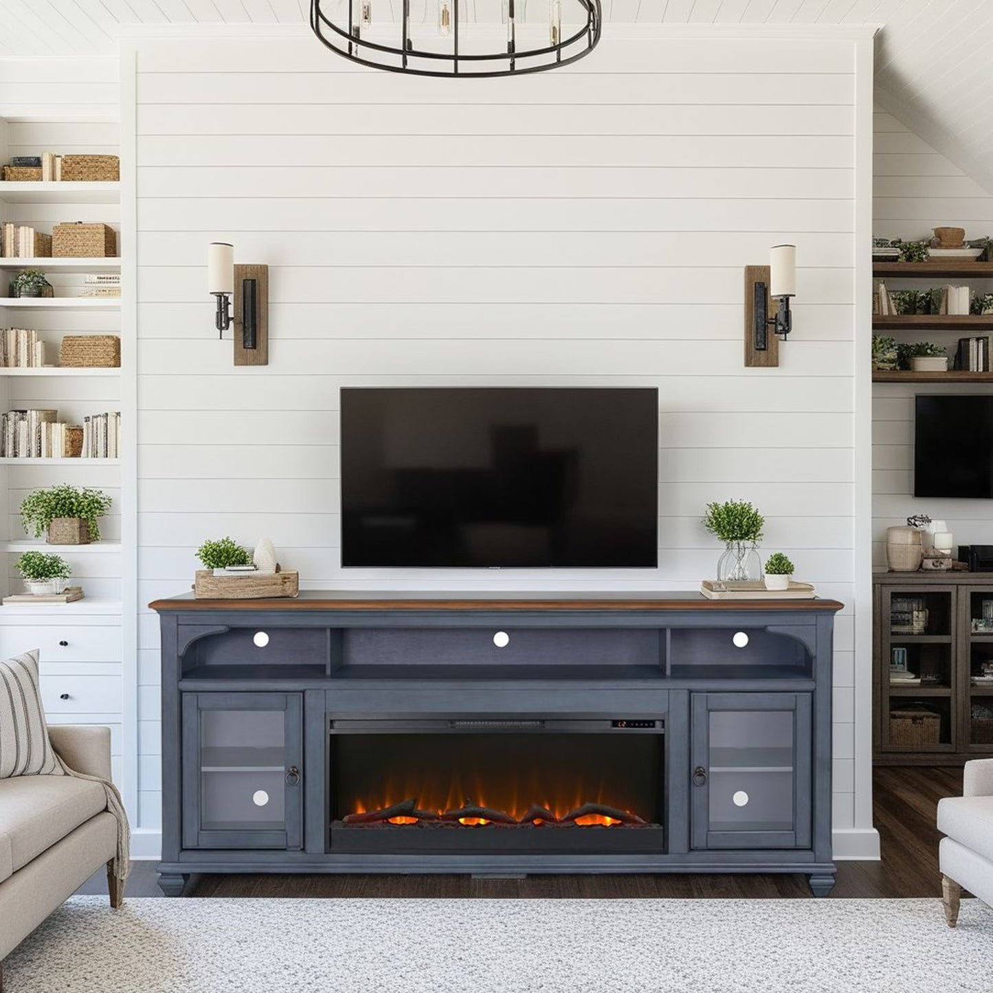 86-Inch Electric Fireplace TV Stand for TVs Up to 95, 3-Shelf, Cable Management, Corduroy Blue Finish