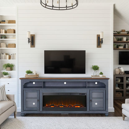 86-Inch Electric Fireplace TV Stand for TVs Up to 95, 3-Shelf, Cable Management, Corduroy Blue Finish