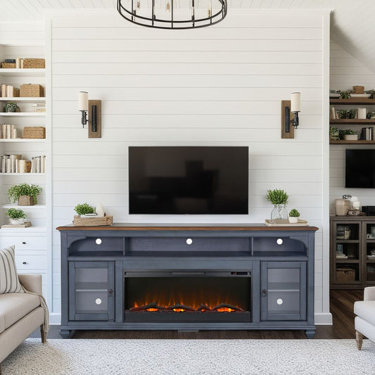 86-Inch Electric Fireplace TV Stand for TVs Up to 95, 3-Shelf, Cable Management, Corduroy Blue Finish