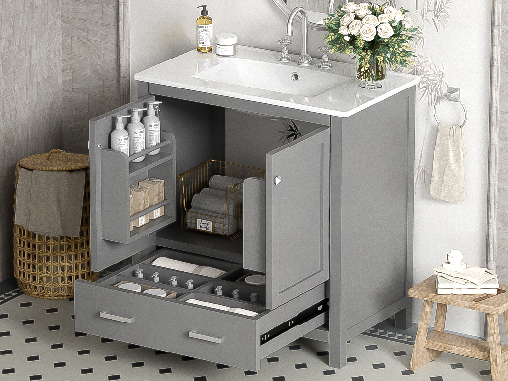30-Inch Modern Gray Bathroom Vanity with Undermount Sink, Elegant Storage Cabinet Featuring Soft-Close Doors and Multifunctional Design