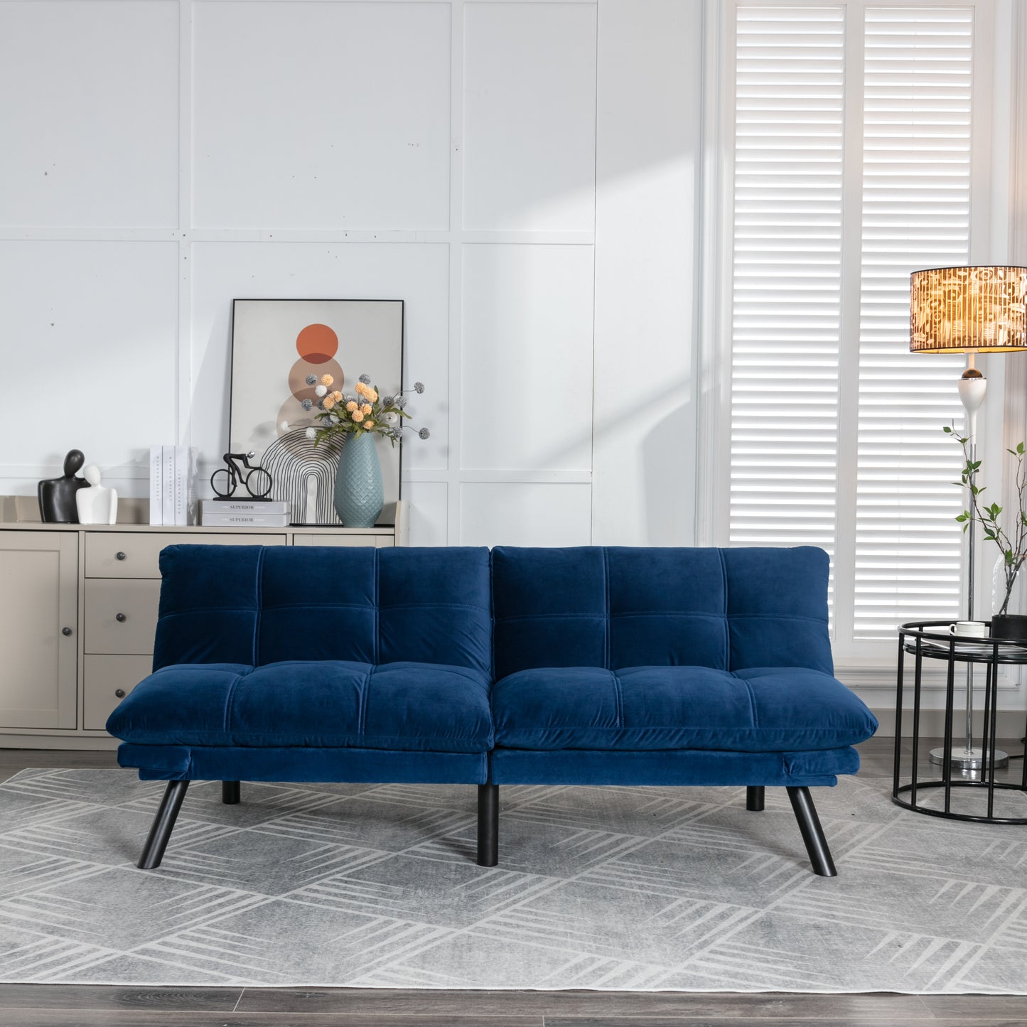 Modern Convertible Sofa Bed with Adjustable Backrest and Armrests, Velvet Upholstery, 70 in, Navy Blue