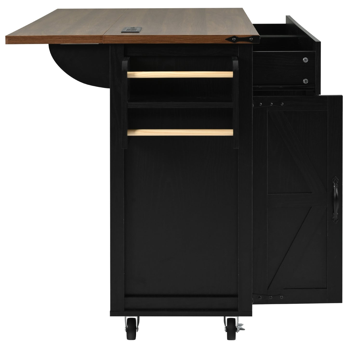 Rolling Farmhouse Kitchen Island with Power Outlet, Drop Leaf Design, Ample Storage, and Spice Rack - Black