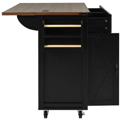 Rolling Farmhouse Kitchen Island with Power Outlet, Drop Leaf Design, Ample Storage, and Spice Rack - Black